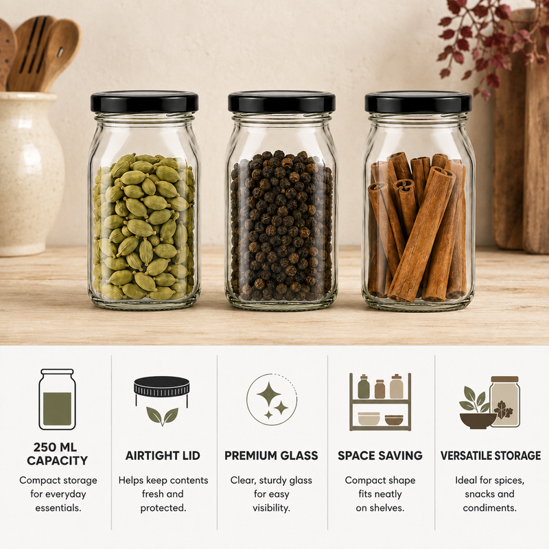Square Glass Utility Container-Jar-Pack of 4 – 250 ml (Transparent)