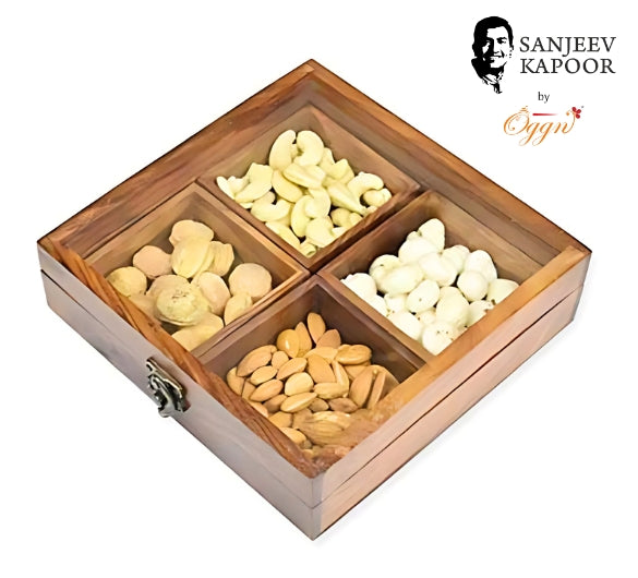 ACACIA WOODEN 4 COMPARTMENT DRY FRUIT BOX 8 INCH