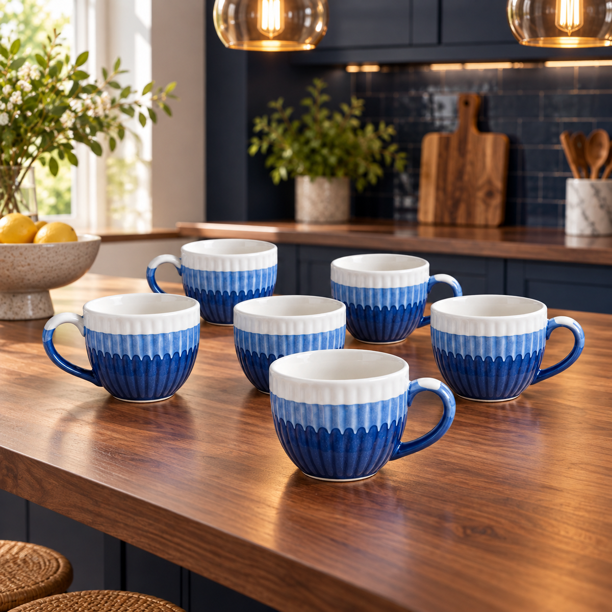 SANJEEV KAPOOR BY OGGN WHITE & BLUE STONEWARE CERAMIC COFFEE MUG – SET OF 6
