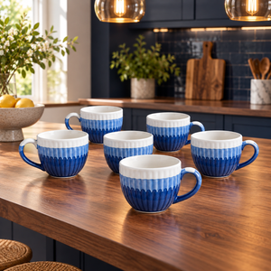 SANJEEV KAPOOR BY OGGN WHITE & BLUE STONEWARE CERAMIC COFFEE MUG – SET OF 6