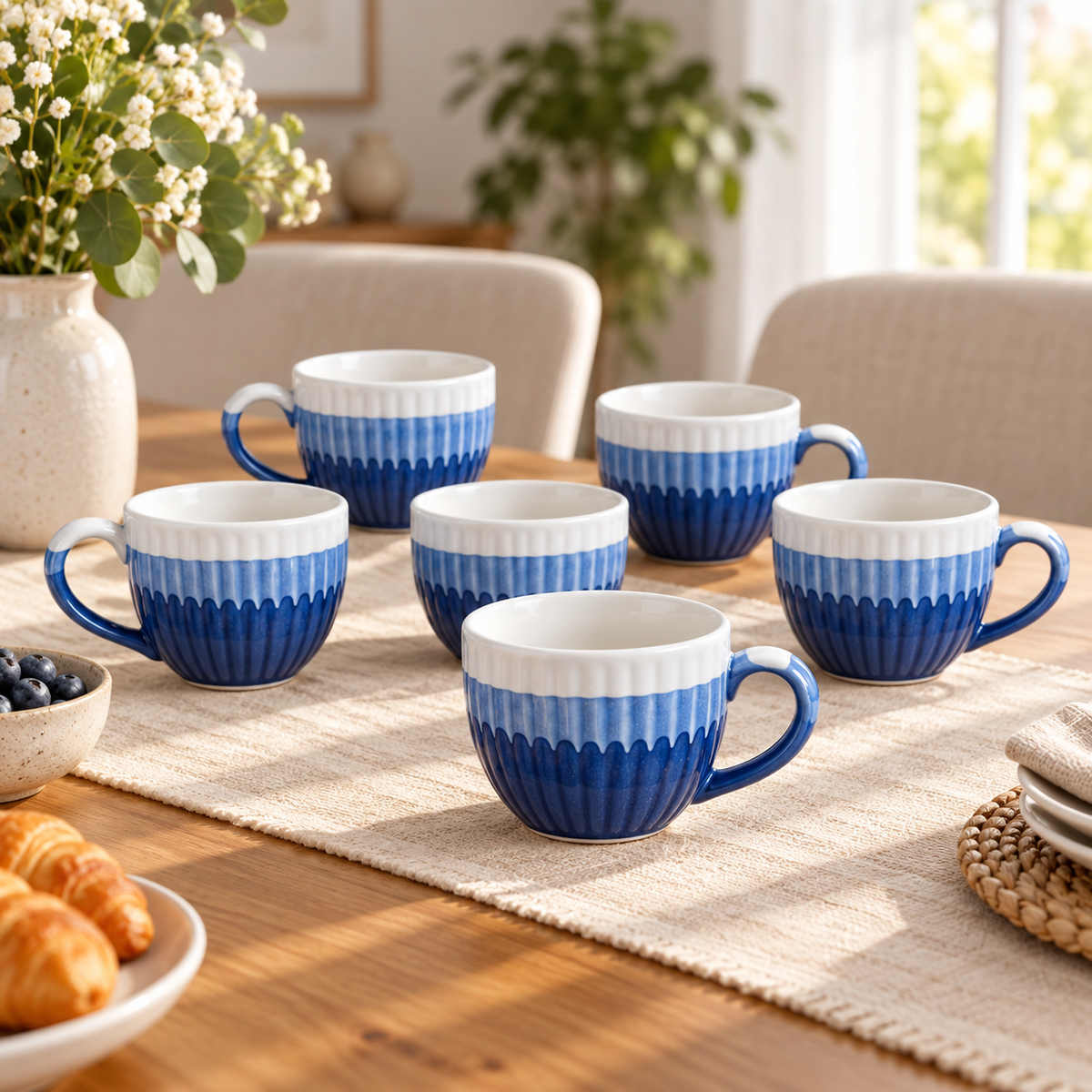 SANJEEV KAPOOR BY OGGN WHITE & BLUE STONEWARE CERAMIC COFFEE MUG – SET OF 6