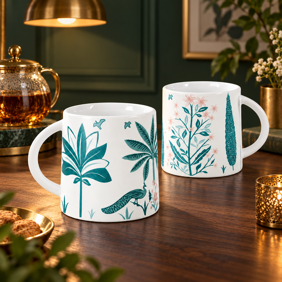 Sanjeev Kapoor by OGGN Green Peacock Design Stoneware, Ceramic Coffee Mug (300 ml, Pack of 2)