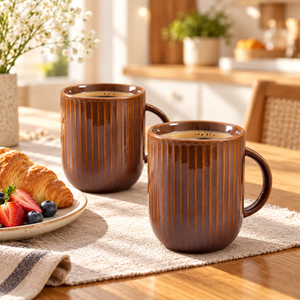 Sanjeev Kapoor by OGGN Pack of 2 Ceramic TerraRidge Ribbed Brown Ceramic Coffee Mug Set (Brown, Cup Set)