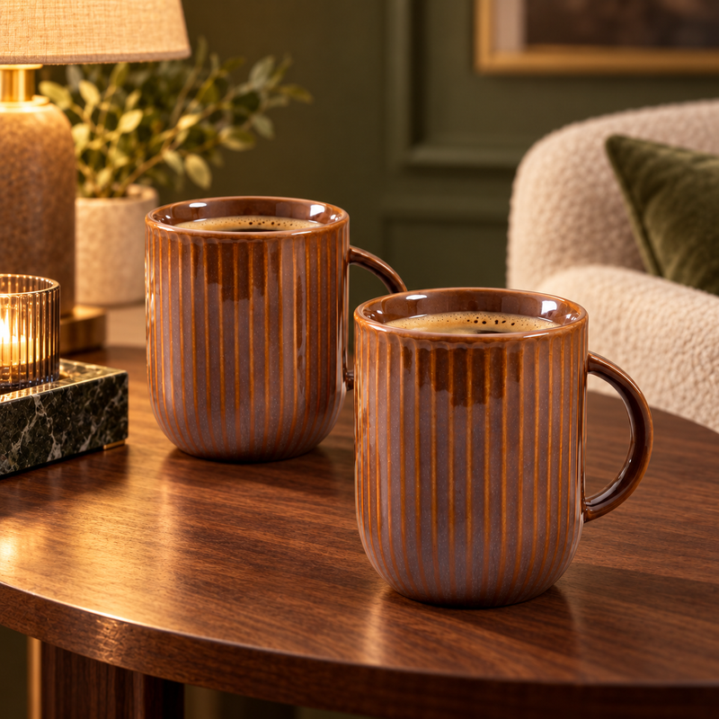 Sanjeev Kapoor by OGGN Pack of 2 Ceramic TerraRidge Ribbed Brown Ceramic Coffee Mug Set (Brown, Cup Set)