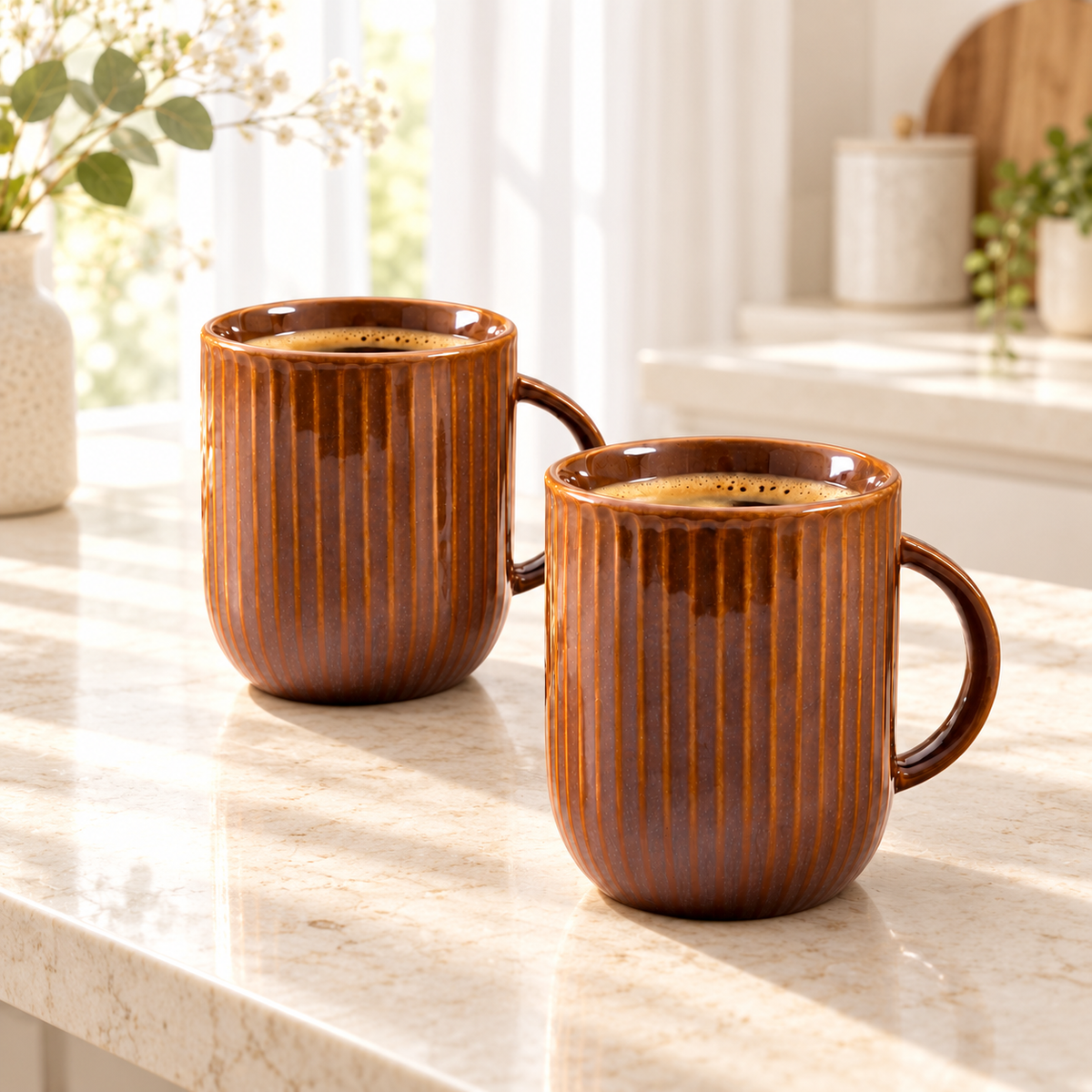 Sanjeev Kapoor by OGGN Pack of 2 Ceramic TerraRidge Ribbed Brown Ceramic Coffee Mug Set (Brown, Cup Set)