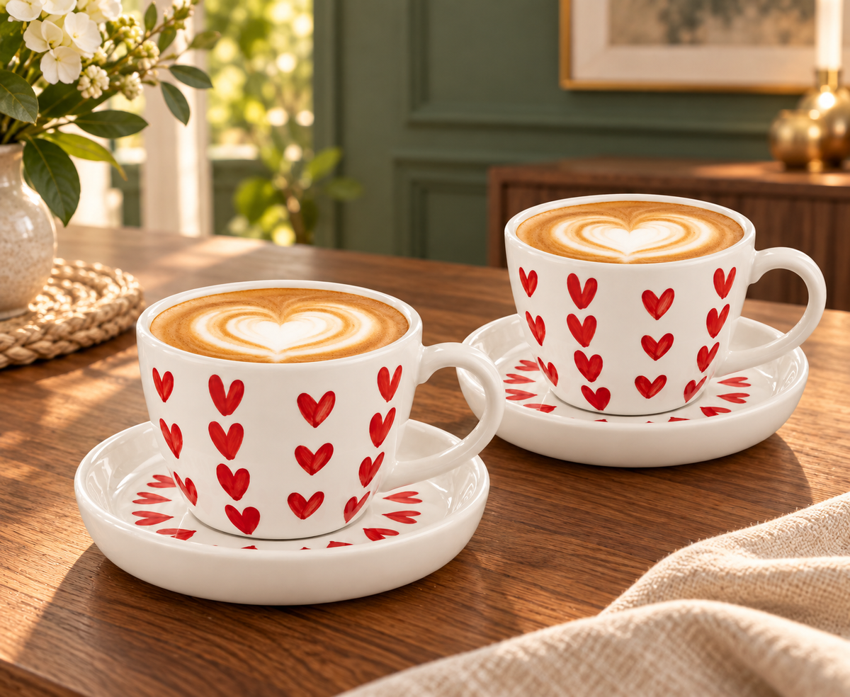 OGGN - Ceramic Heart printed Cup & Saucer set of 2 (Off White, Multicolor, Cup and Saucer Set)