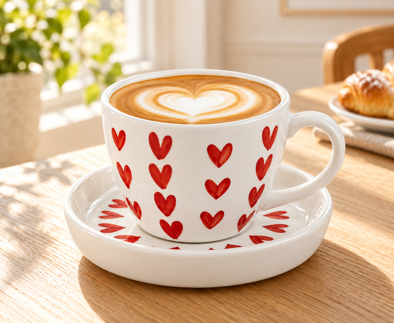 OGGN - Ceramic Heart printed Cup & Saucer set of 2 (Off White, Multicolor, Cup and Saucer Set)