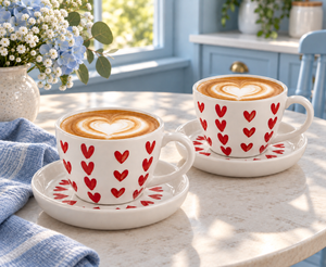 OGGN - Ceramic Heart printed Cup & Saucer set of 2 (Off White, Multicolor, Cup and Saucer Set)