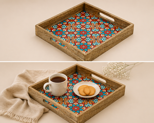 Wooden Serving Tray With Blue Flora Print
