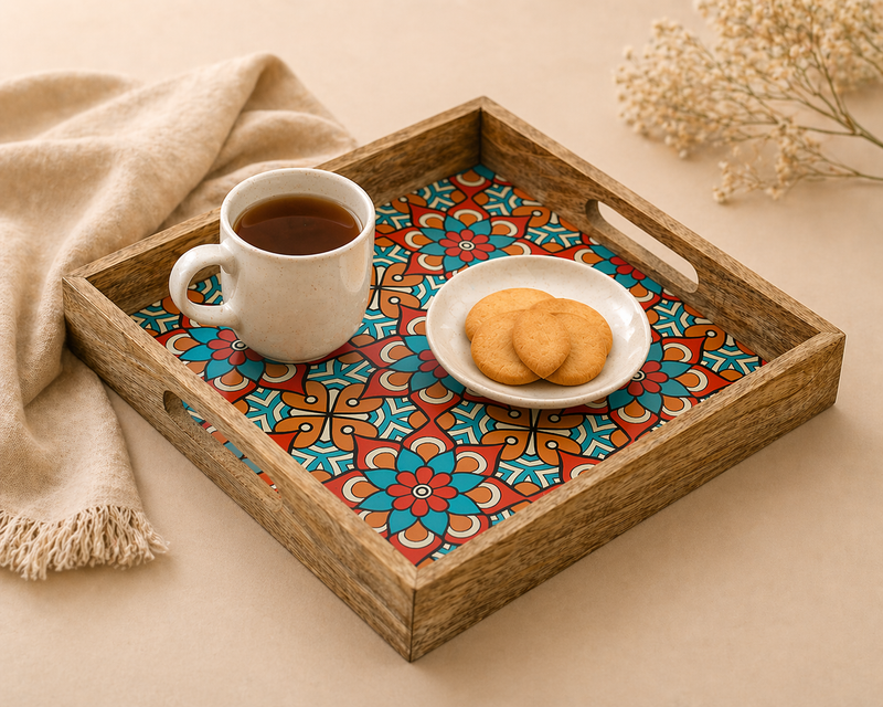 Wooden Serving Tray With Blue Flora Print