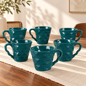 Sanjeev Kapoor by OGGN Pack of 6 Ceramic Diamond Cut Tea Cup (Green)
