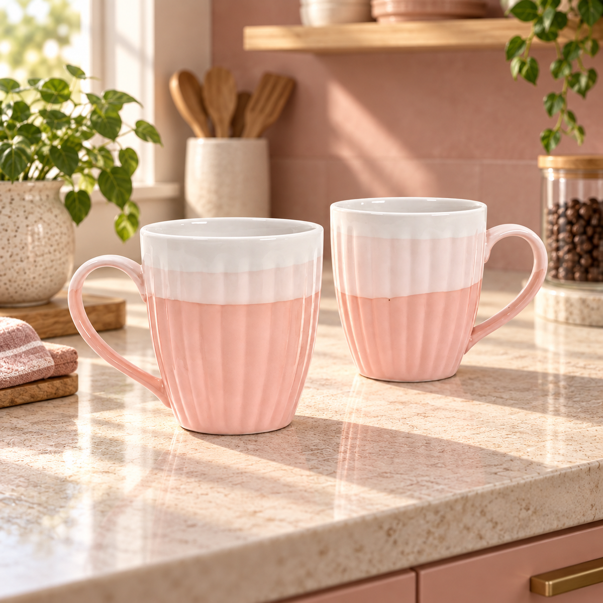 Sanjeev Kapoor by OGGN Pink & White Stripped Stoneware, Ceramic Coffee Mug (300 ml, Pack of 2)