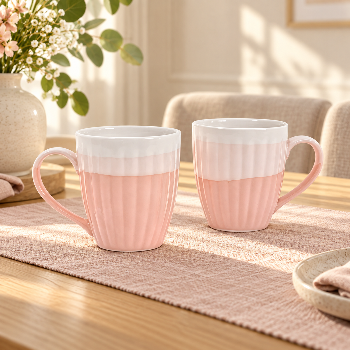 Sanjeev Kapoor by OGGN Pink & White Stripped Stoneware, Ceramic Coffee Mug (300 ml, Pack of 2)