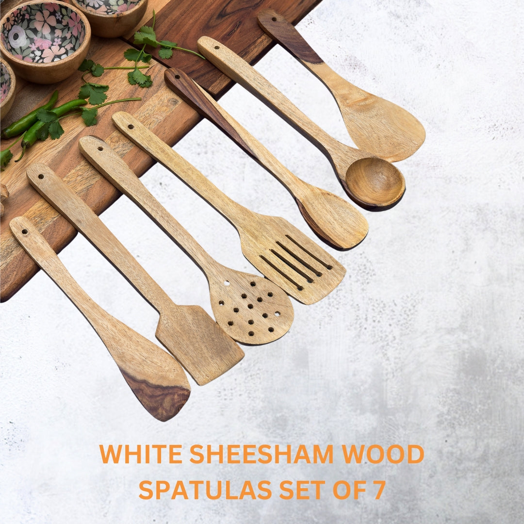White Sheesham Wood Spatulas Set of 7