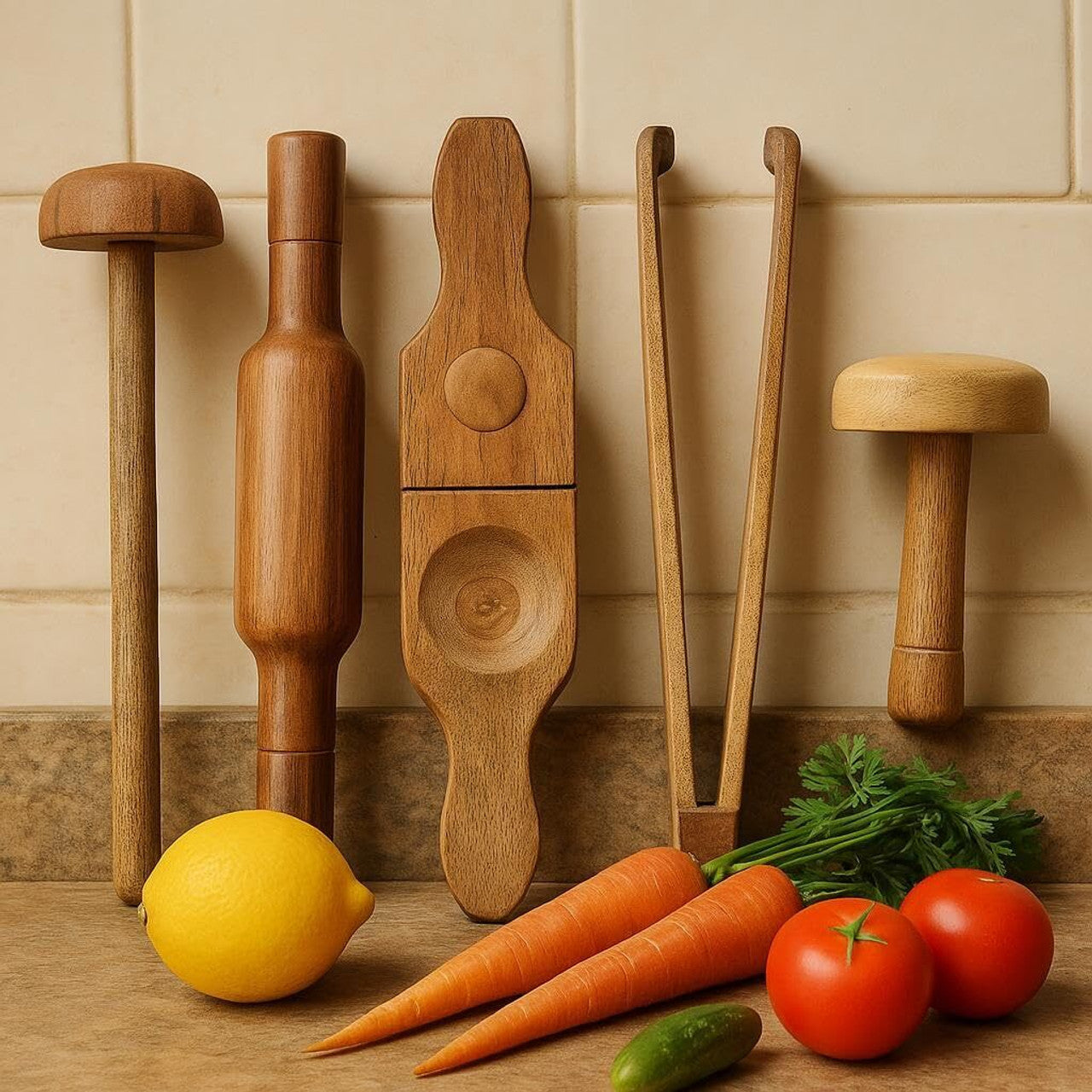Kitchen Tool Set  of 5 (Lemon Squeezer, Rolling Pin, Tong, Masher, Roti Presser)