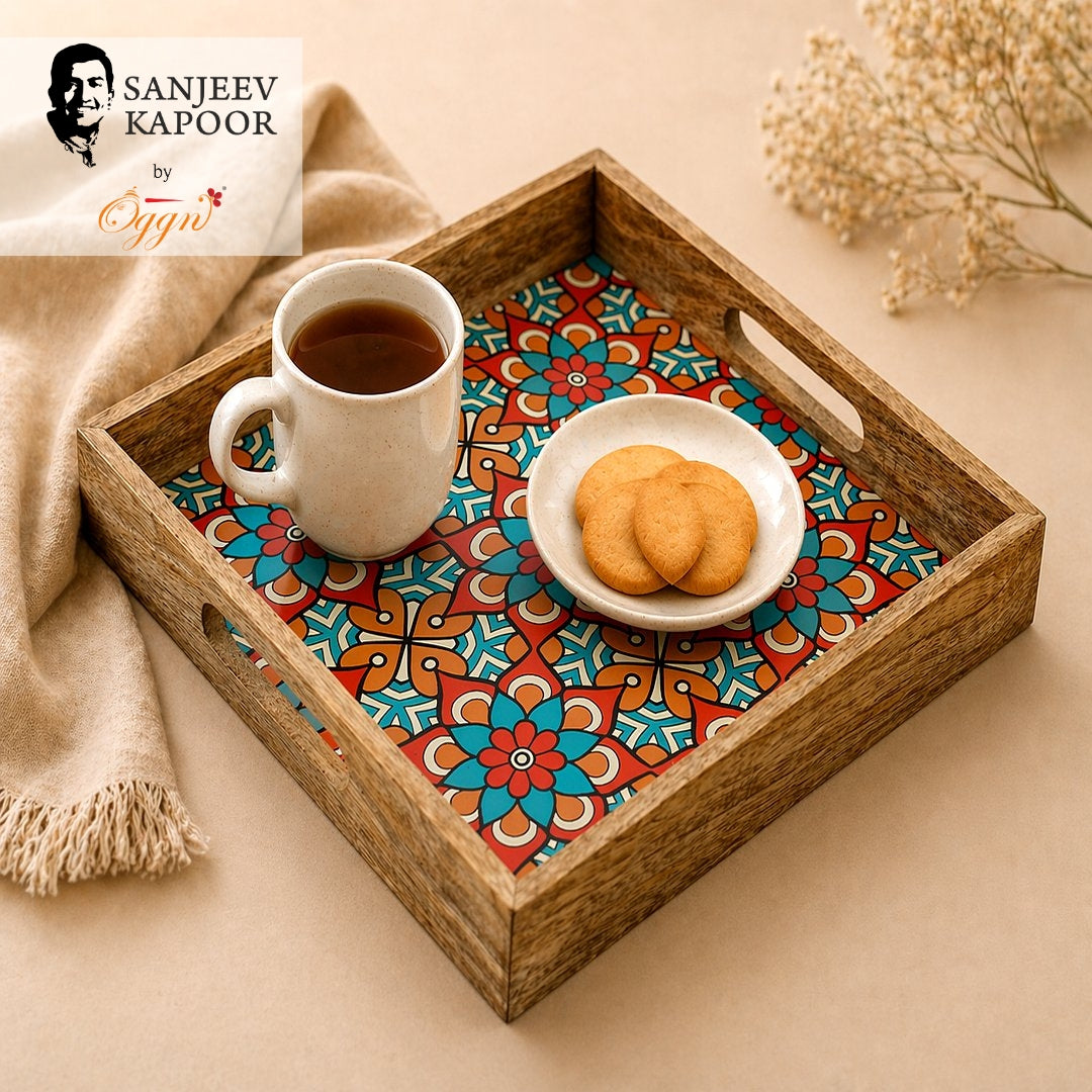 Wooden Serving Tray With Blue Flora Print