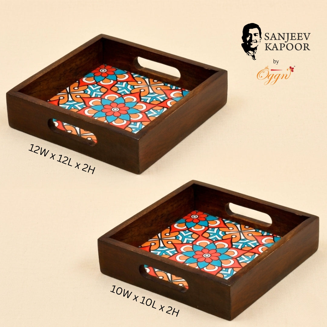 Wooden Brown Serving Tray With Blue Floral Print