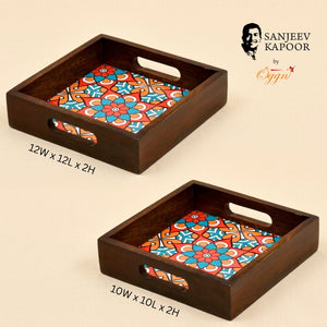 Wooden Brown Serving Tray With Blue Floral Print