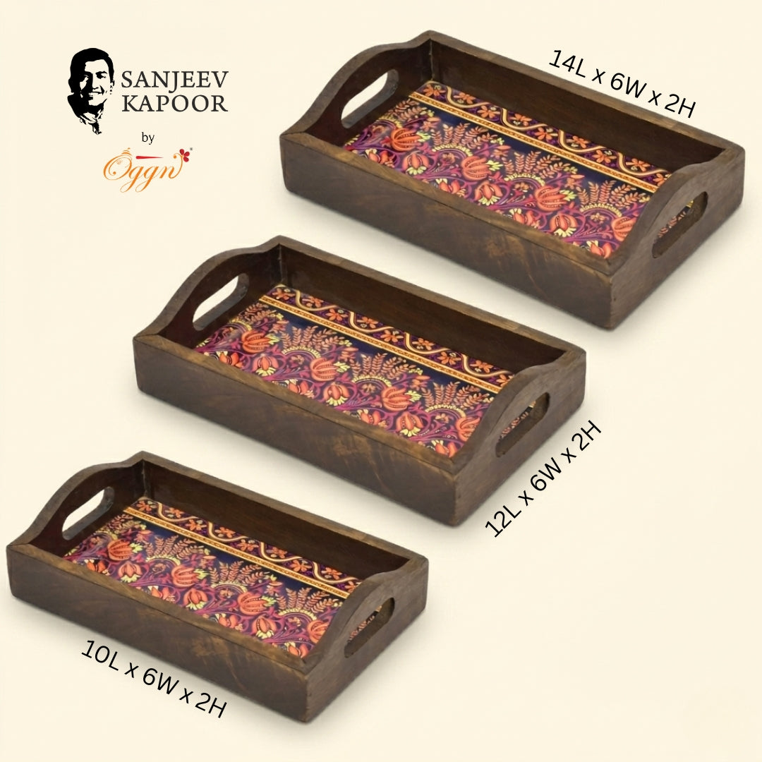 Rectangle Wooden Serving Tray With Vintage Print