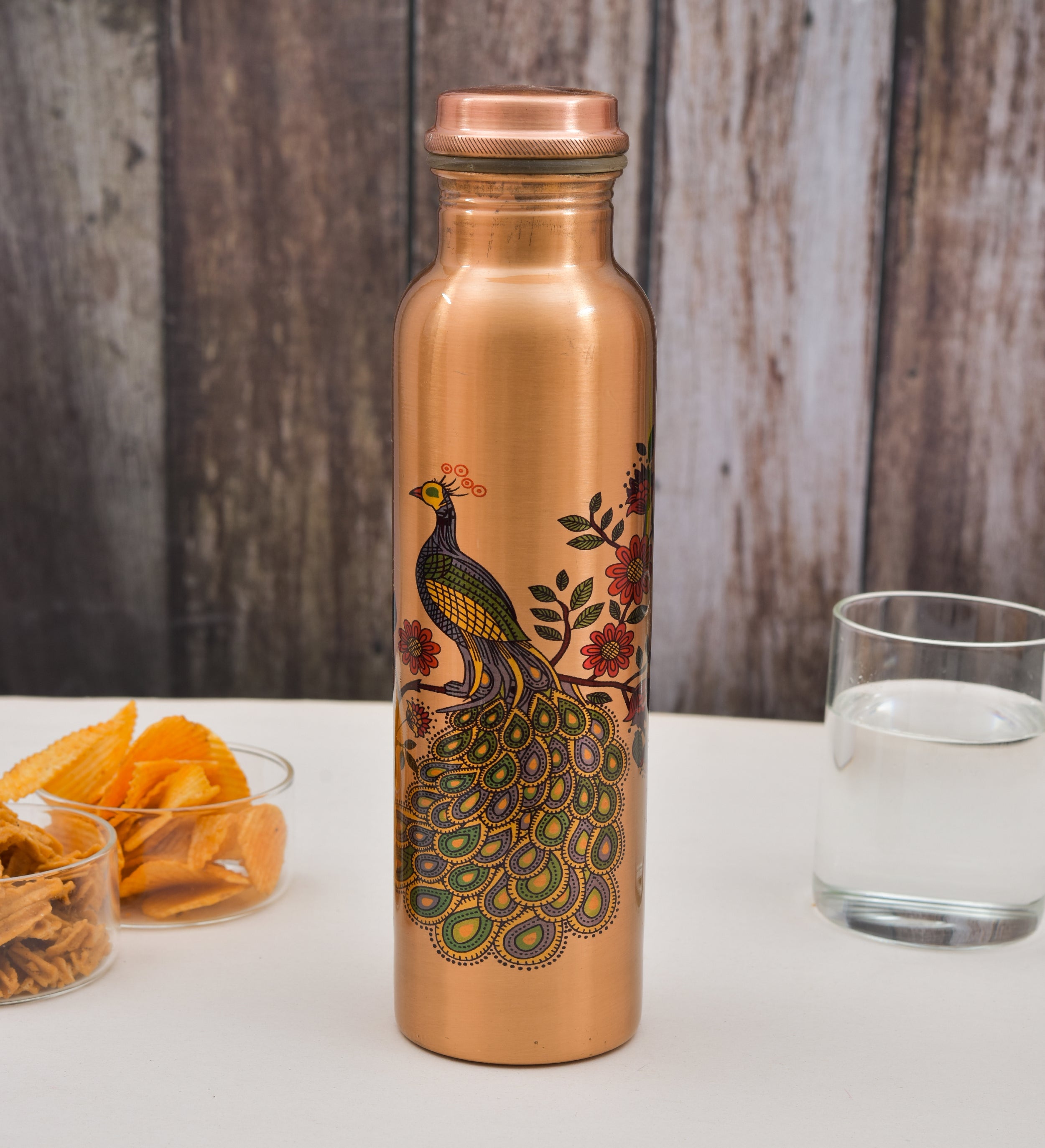 PEACOCK PRINTED LACQUER COATED PURE COPPER WATER BOTTLE 1000ML