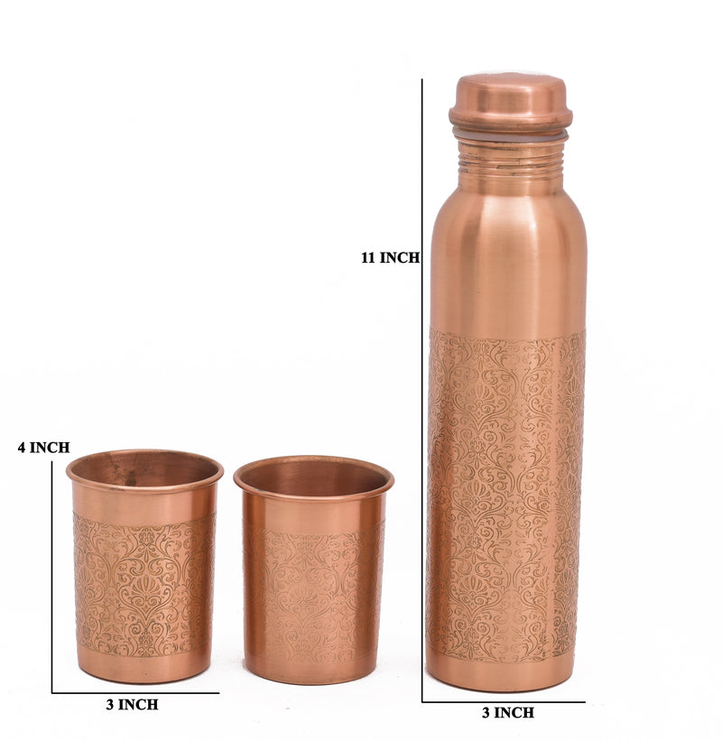OGGN BEAUTIFUL COPPER ETCHING BOTTLE SET WITH TWO BEAUTIFUL GLASSES LEAK PROOF FOR TRAVELLING, SPORTS, 1000 ML