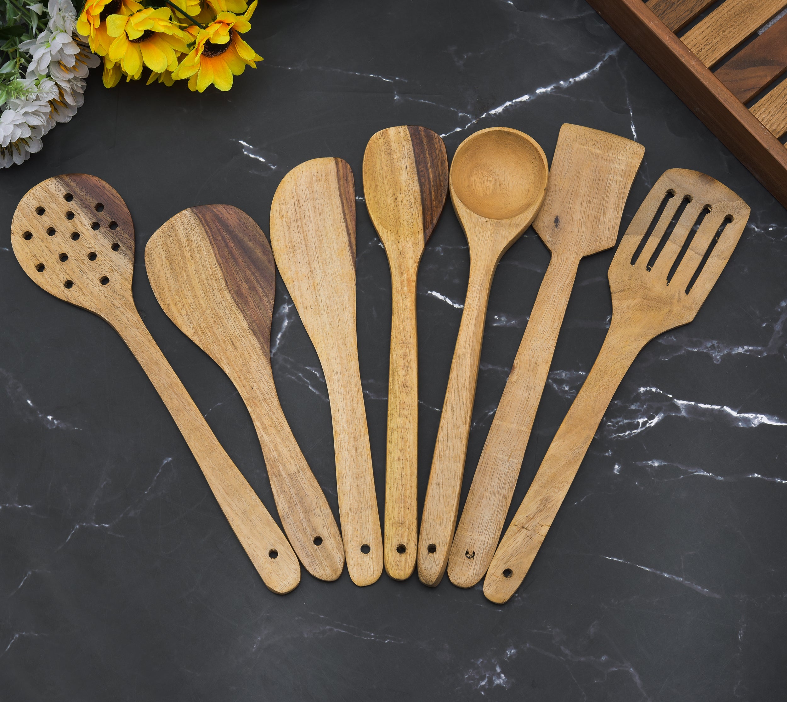 White Sheesham Wood Spatulas Set of 7