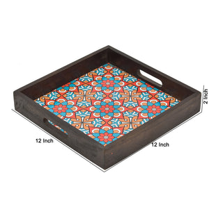 Wooden Brown Serving Tray With Blue Floral Print