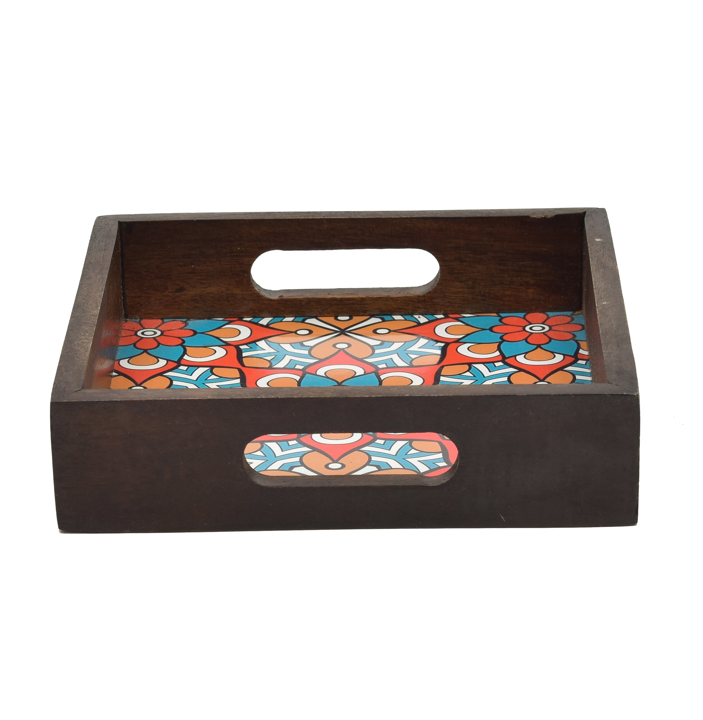 Wooden Brown Serving Tray With Blue Floral Print