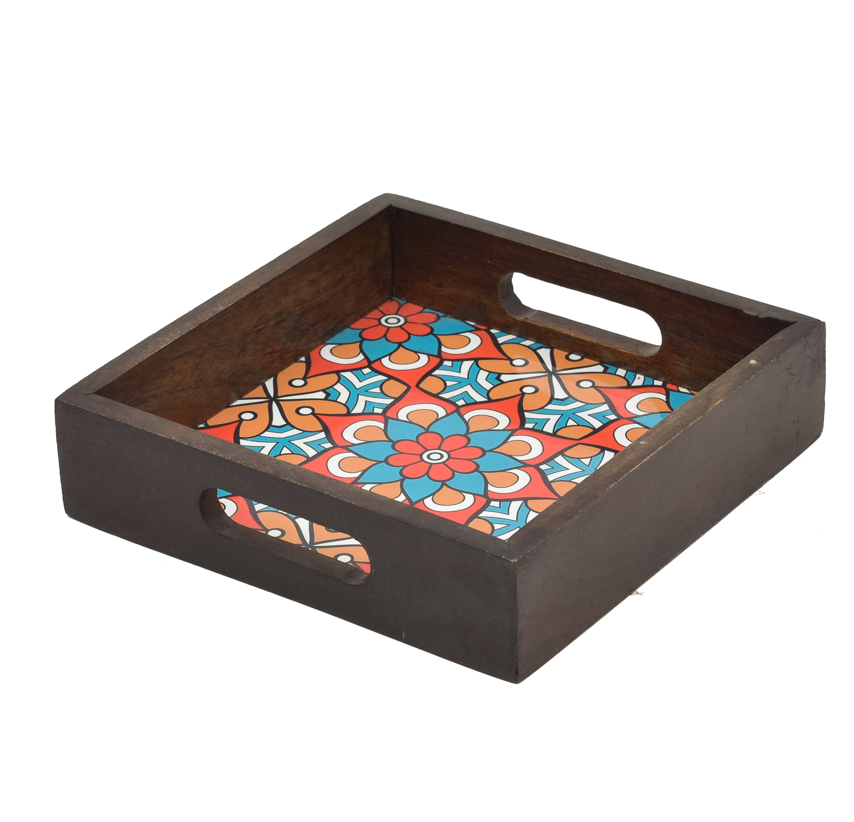 Wooden Brown Serving Tray With Blue Floral Print