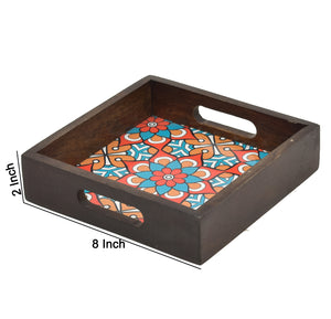 Wooden Brown Serving Tray With Blue Floral Print