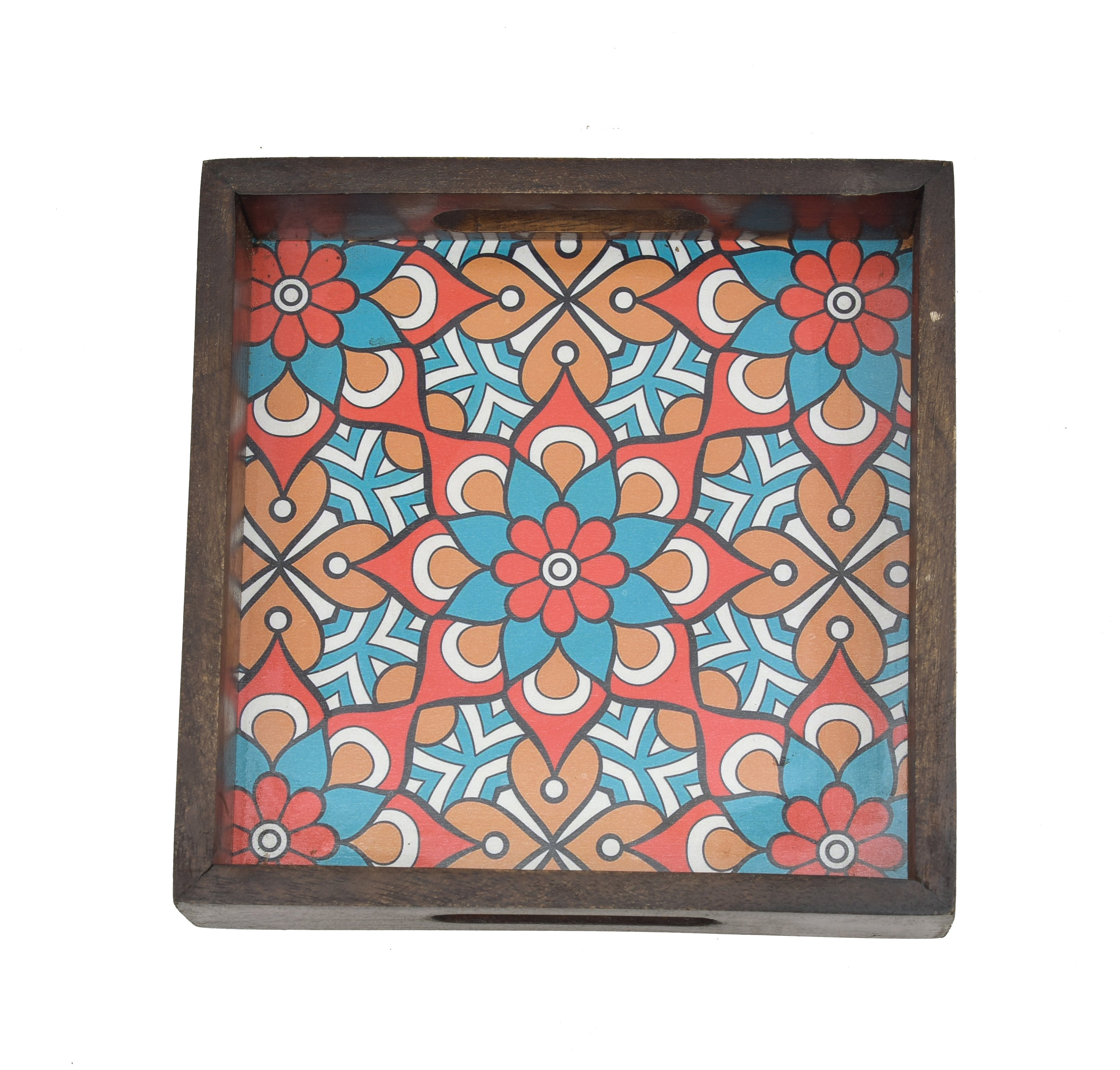 Wooden Brown Serving Tray With Blue Floral Print