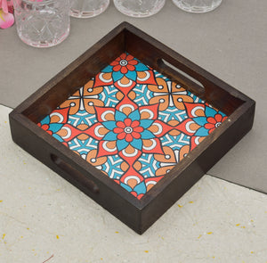 Wooden Brown Serving Tray With Blue Floral Print