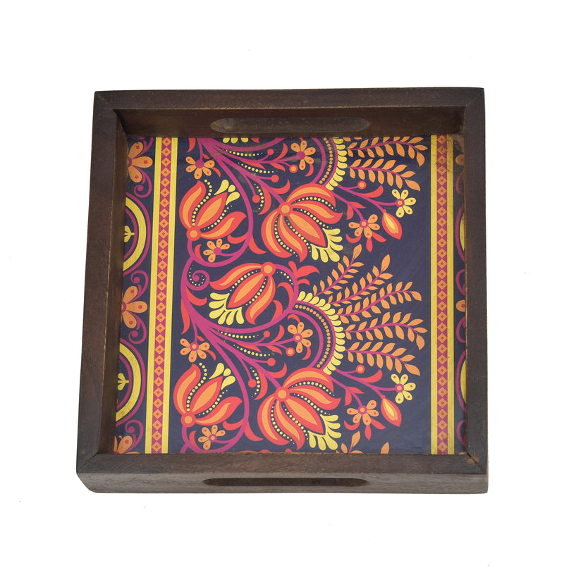 VINTAGE PRINTED WOODEN BROWN SQUARE SERVING TRAY