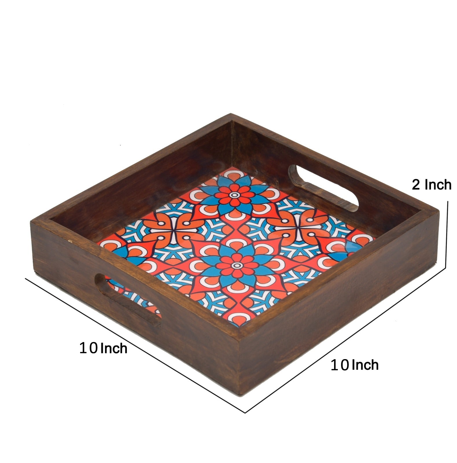 Wooden Brown Serving Tray With Blue Floral Print