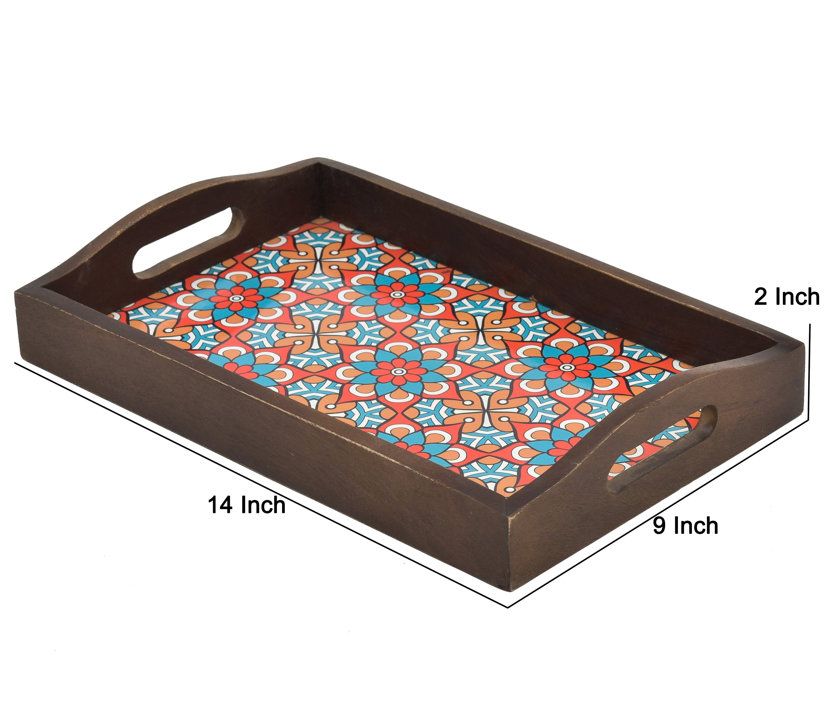 BLUE FLORAL PRINTED WOODEN BROWN RECTANGLE SERVING TRAY