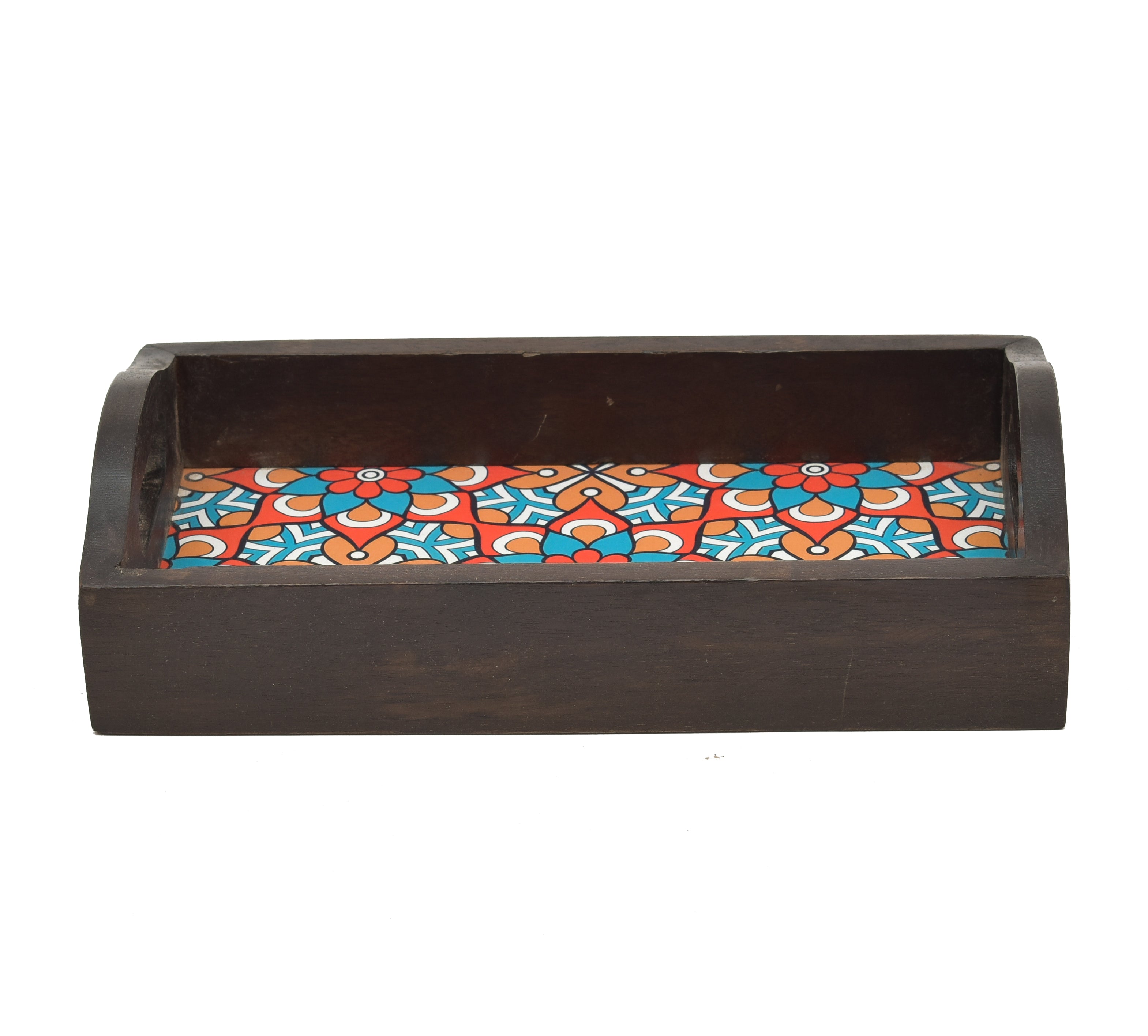BLUE FLORAL PRINTED WOODEN BROWN RECTANGLE SERVING TRAY