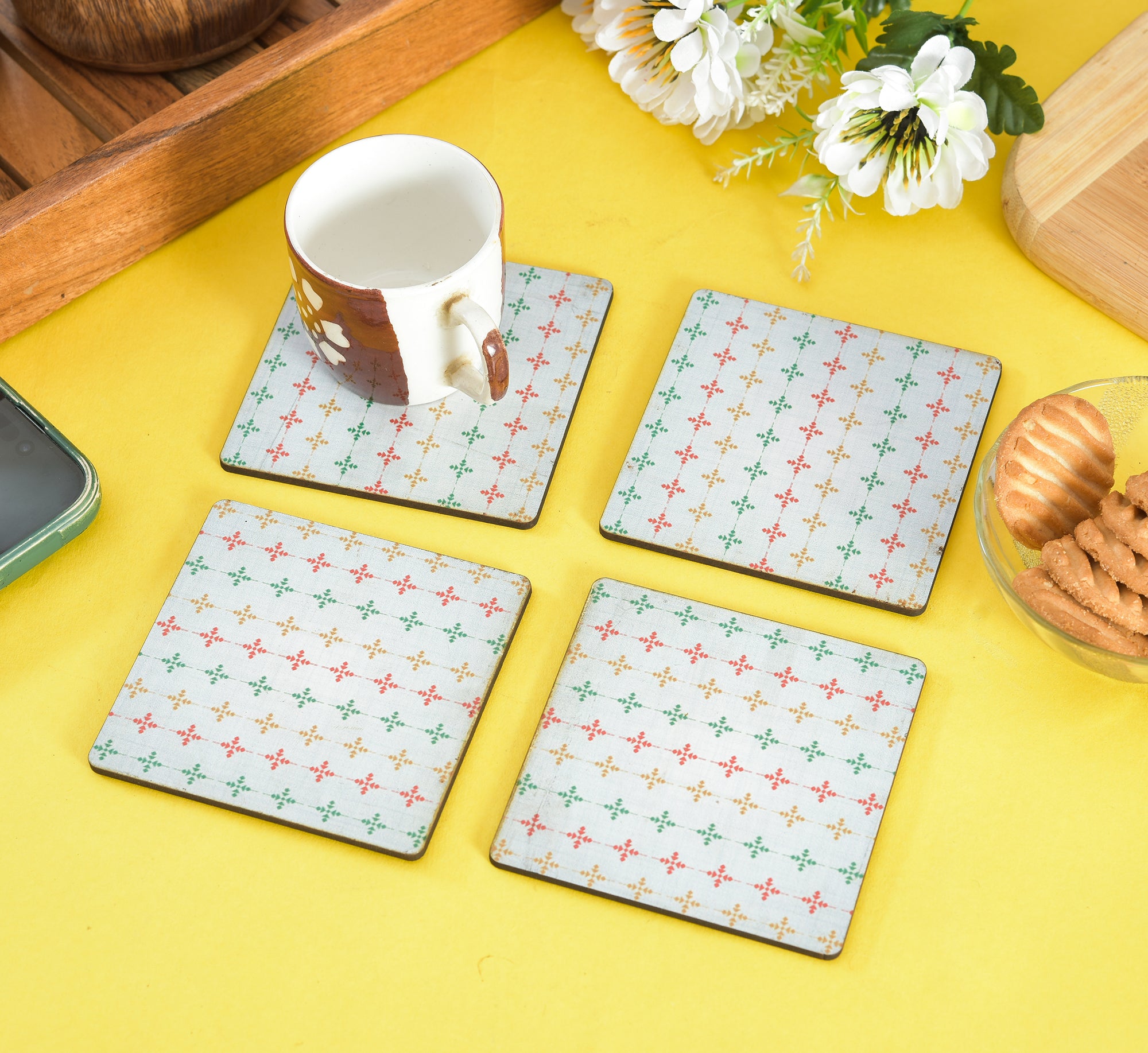 MDF ASSORTED PRINTED TEA COASTERS SET OF 4