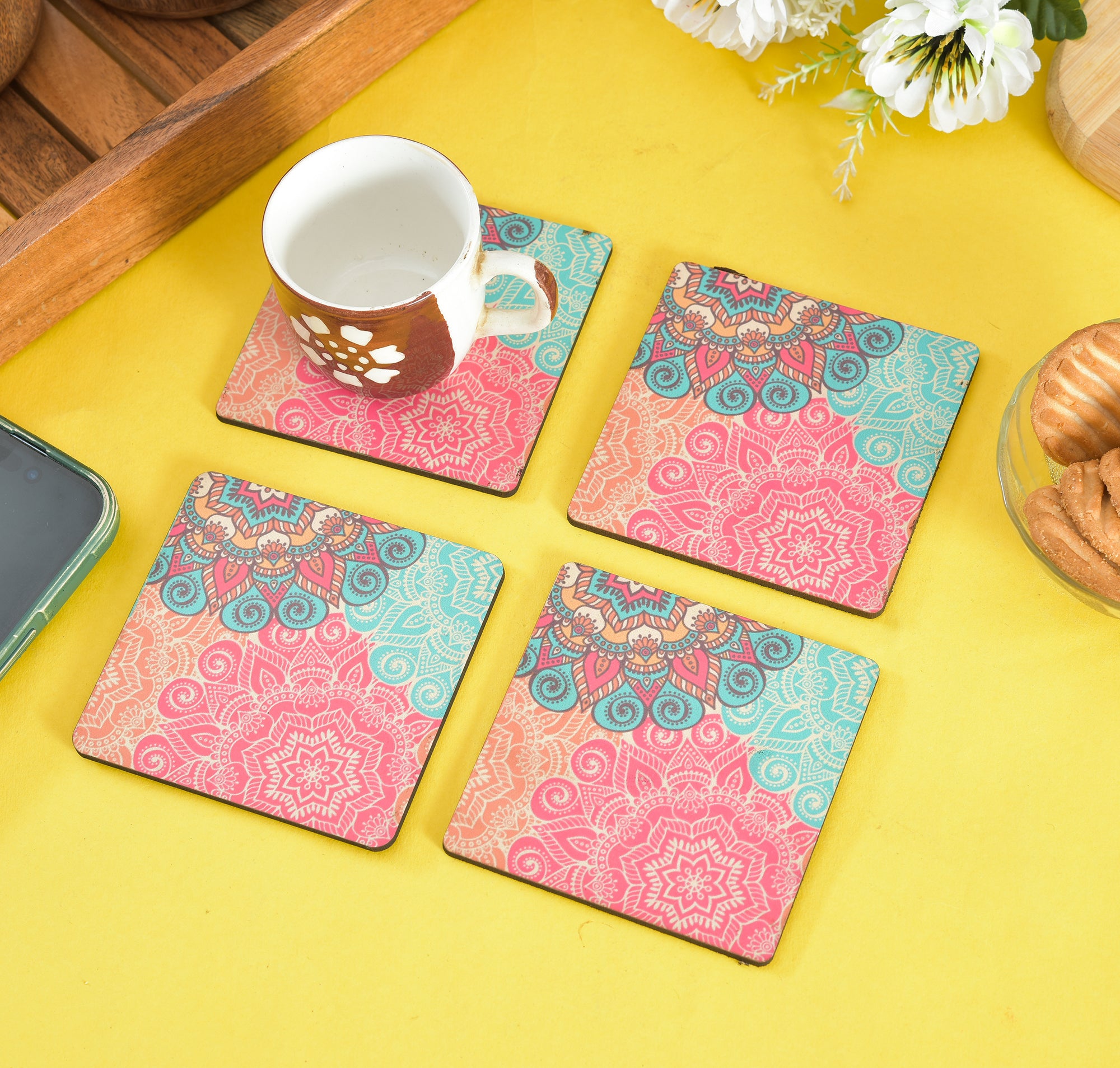 MDF ASSORTED PRINTED TEA COASTERS SET OF 4