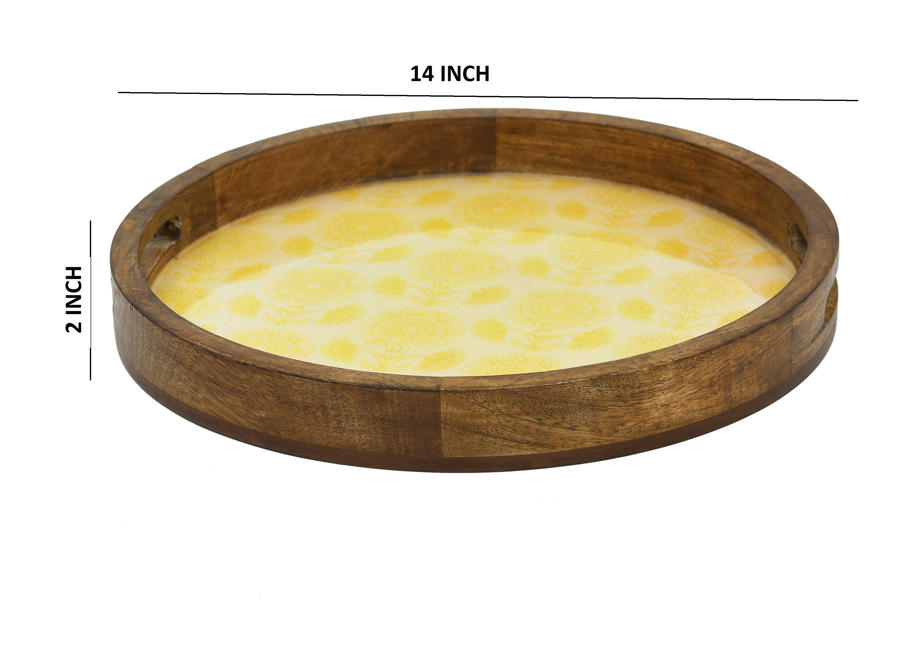 Round Wooden Serving Tray With Marigold Print