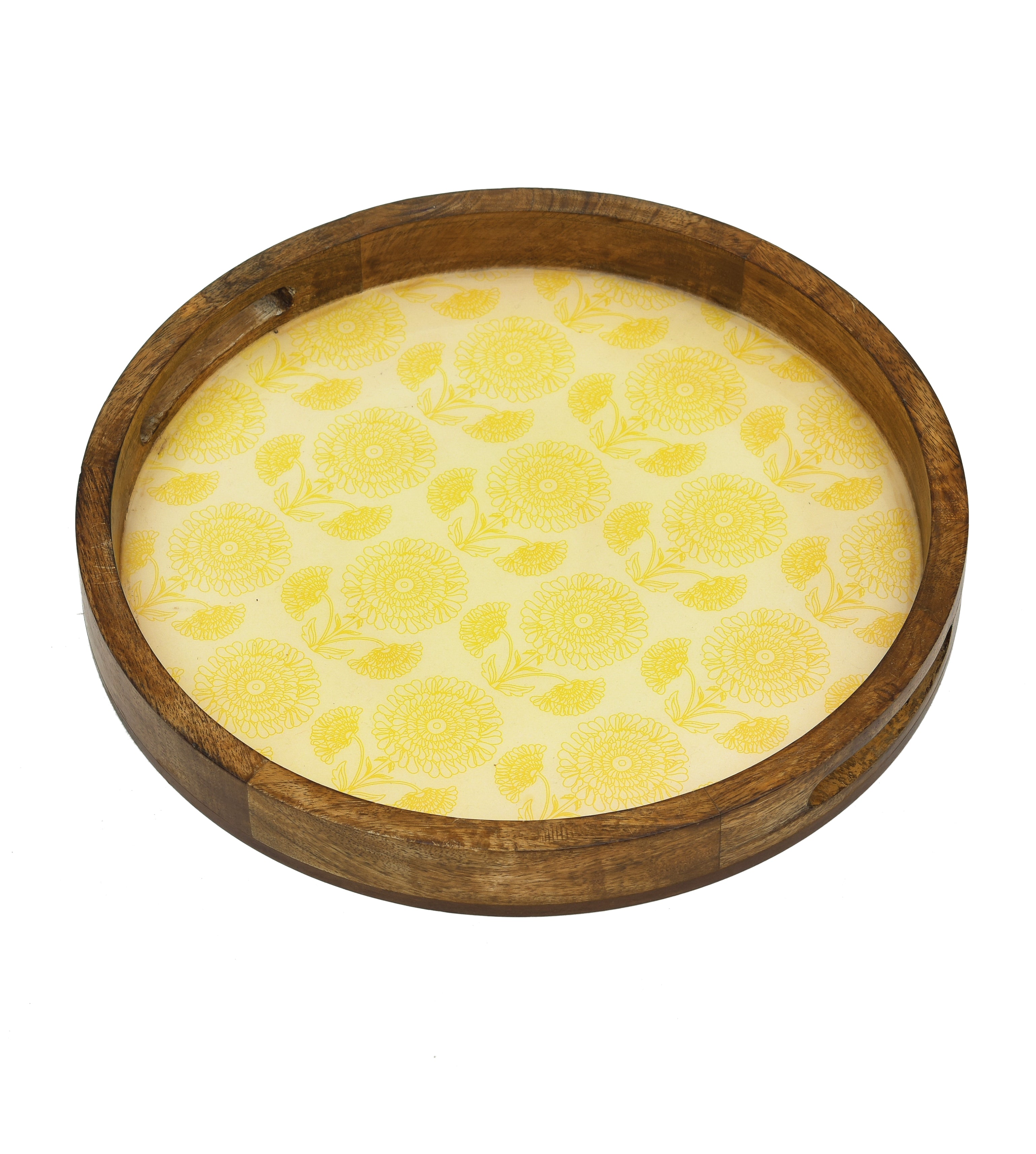 Round Wooden Serving Tray With Marigold Print