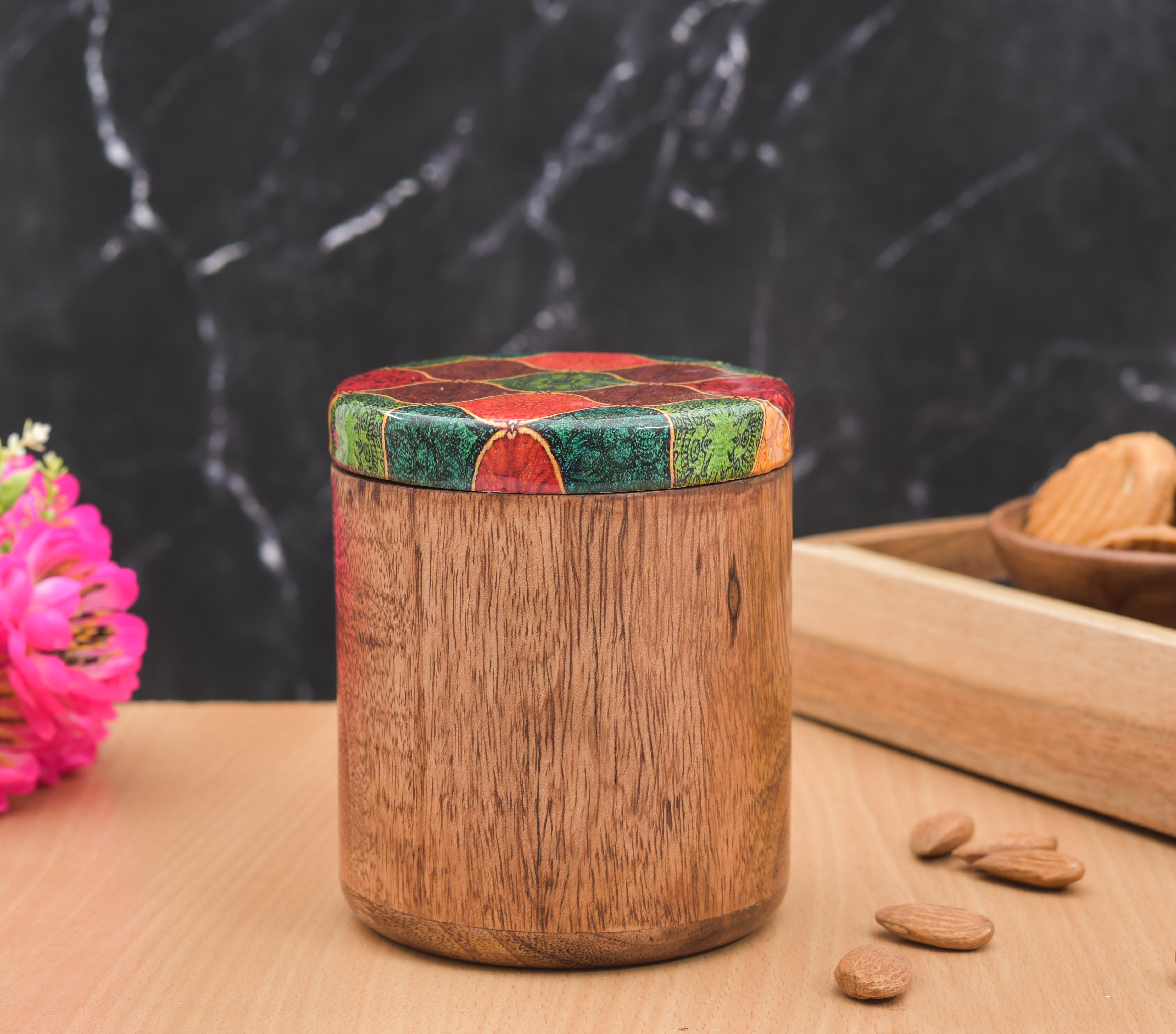 MANGO WOODEN MULTI PRINTED LID JAR