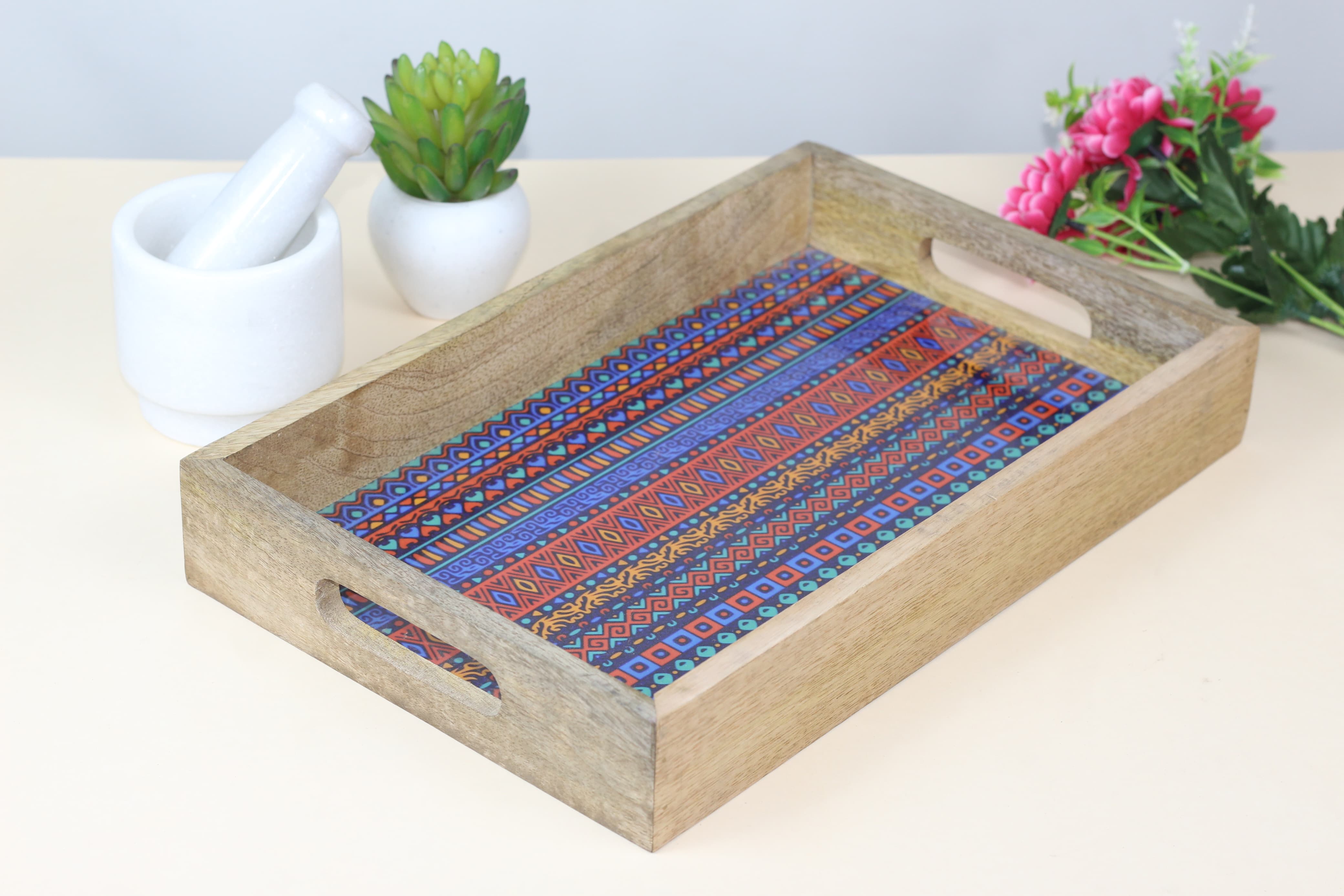 Wooden Serving Tray With Blue Meena Print