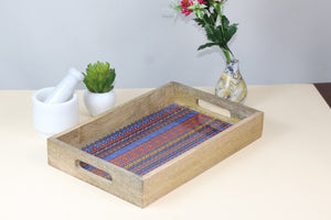 Wooden Serving Tray With Blue Meena Print