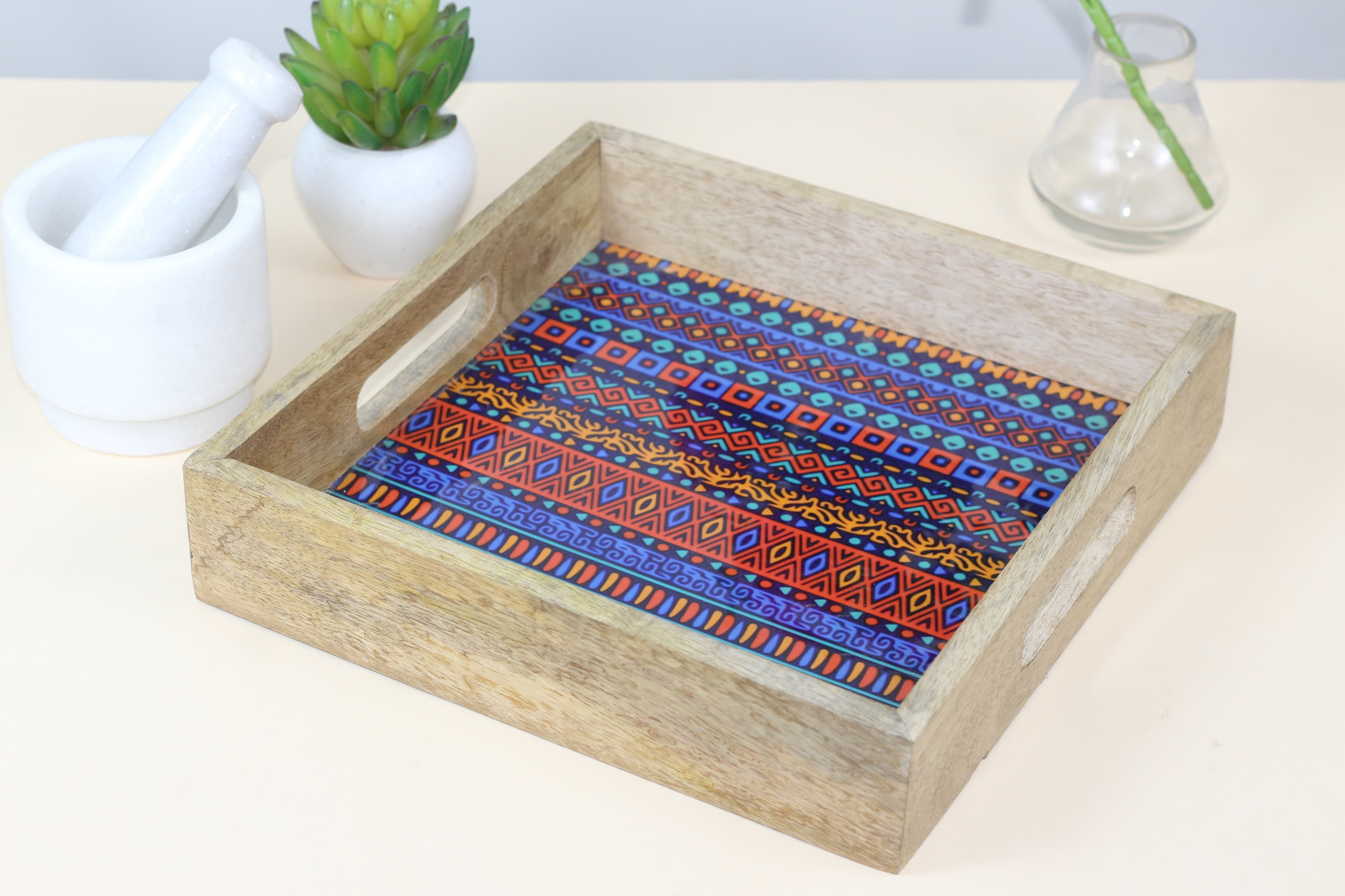 Wooden Serving Tray With Blue Meena Print