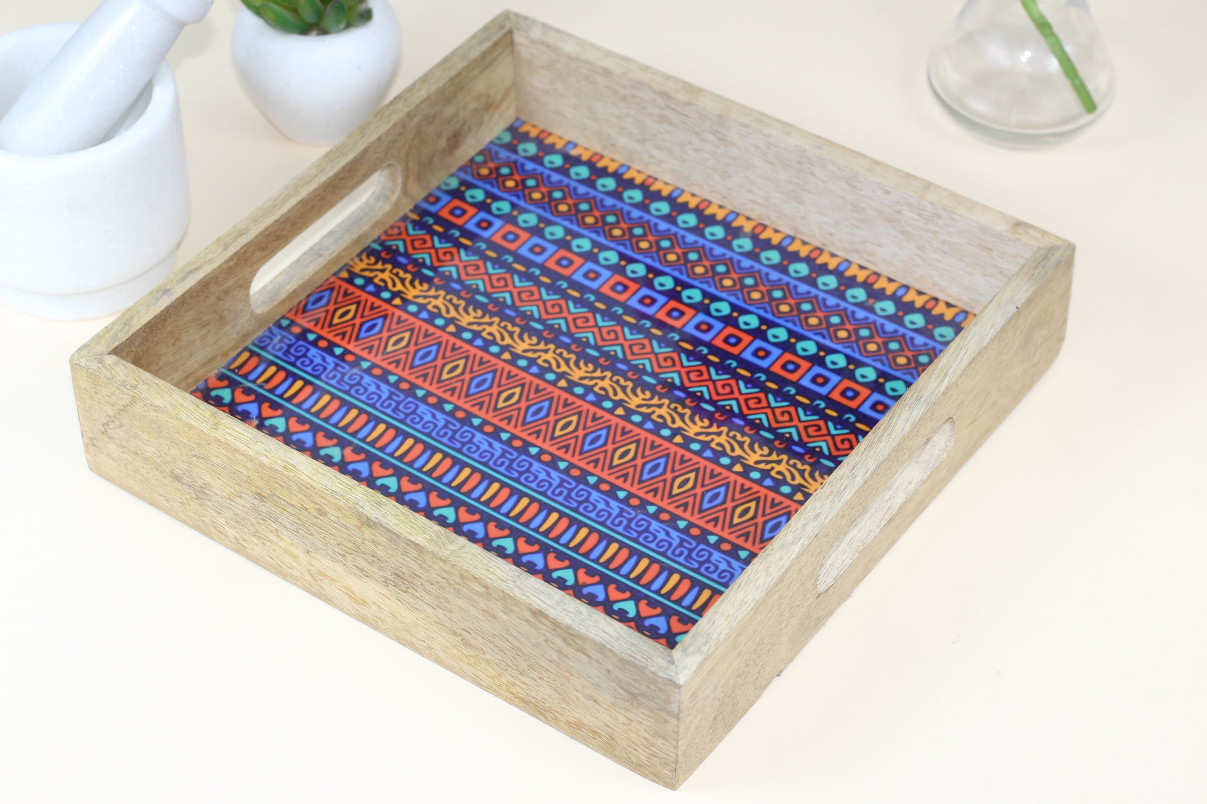 Wooden Serving Tray With Blue Meena Print