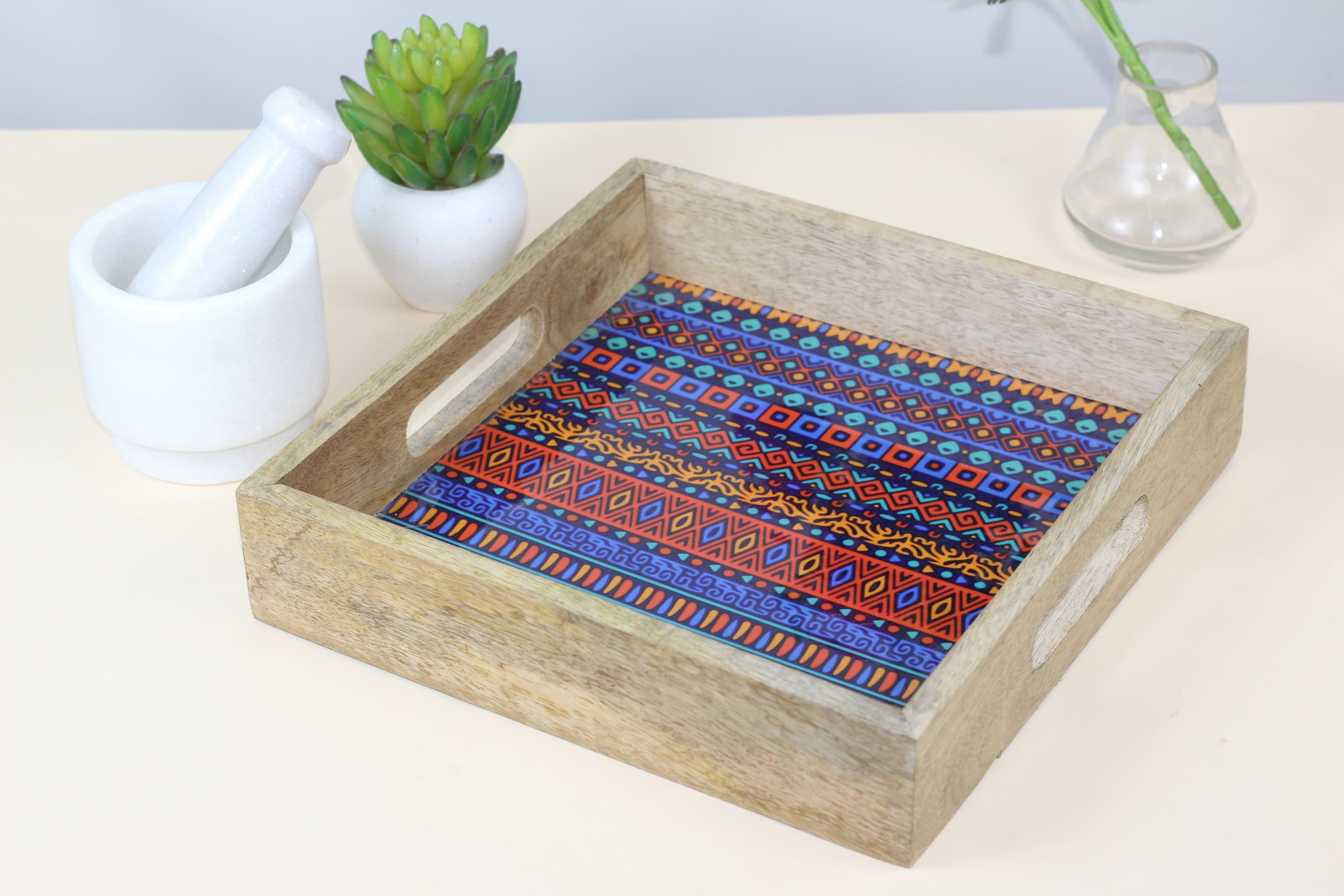 Wooden Serving Tray With Blue Meena Print