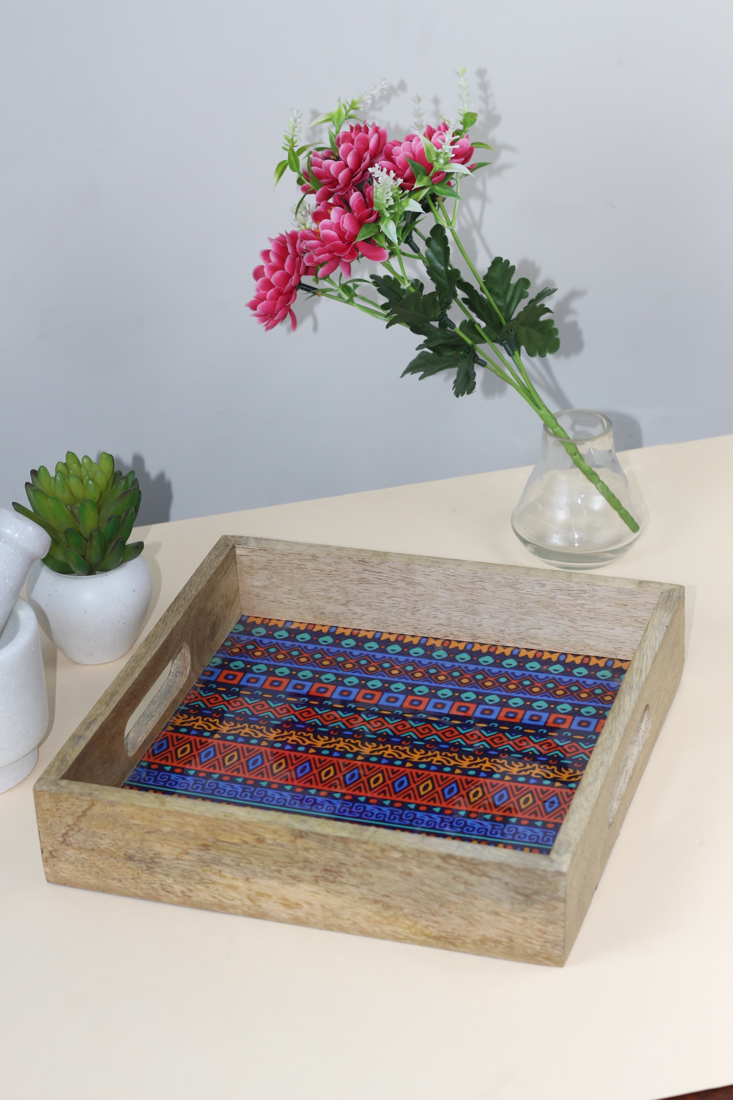 Wooden Serving Tray With Blue Meena Print