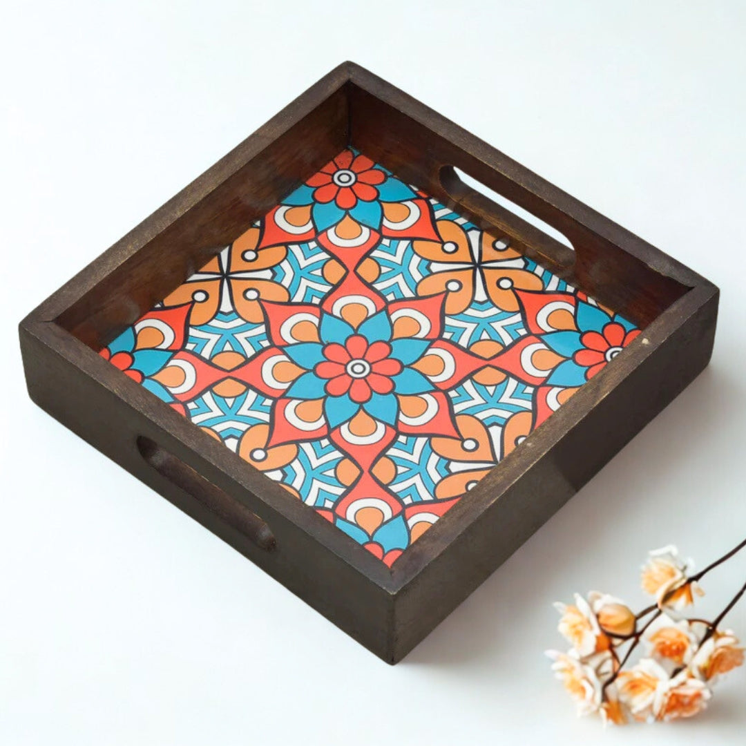 Wooden Brown Serving Tray With Blue Floral Print