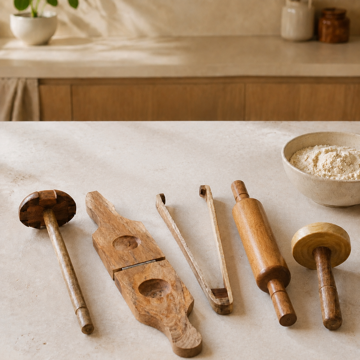 Kitchen Tool Set  of 5 (Lemon Squeezer, Rolling Pin, Tong, Masher, Roti Presser)