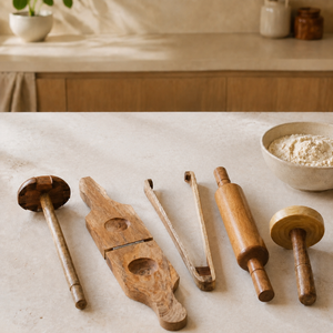 Kitchen Tool Set  of 5 (Lemon Squeezer, Rolling Pin, Tong, Masher, Roti Presser)